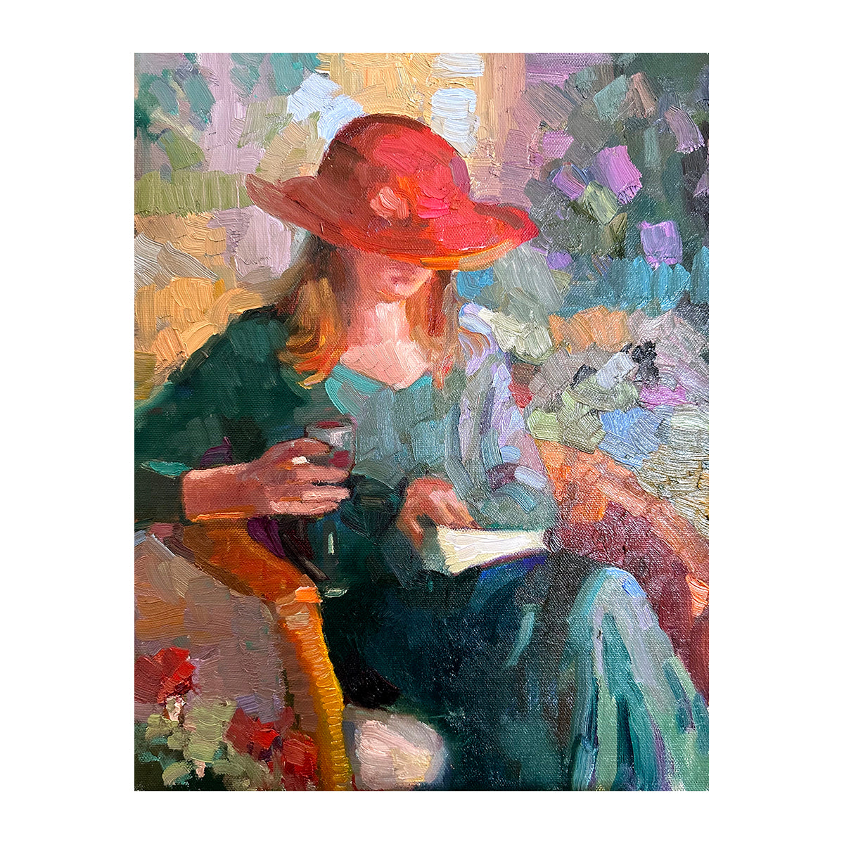 Original Oil painting green dress red hat 12 x 16