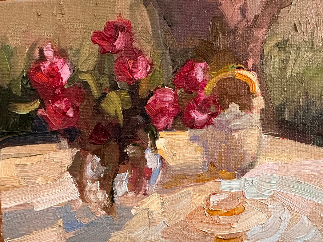 6 x 8 original oil painting TEA AND TULIPS