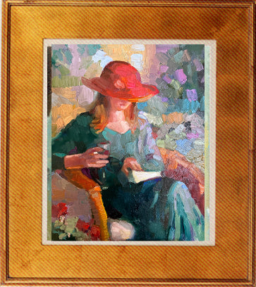 Original Oil painting green dress red hat 12 x 16