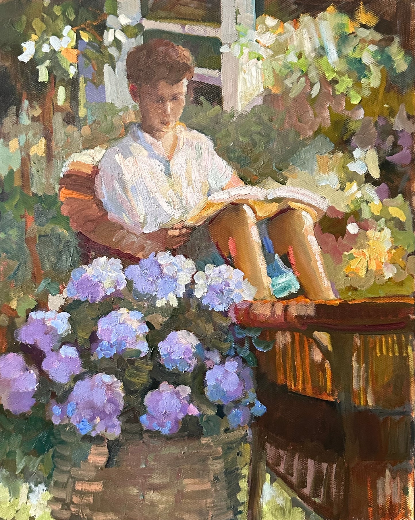 16 x 20 oil on canvas boy in mother’s garden