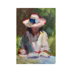 5 x 7 painting of woman outside reading a book SPRING MOMENT