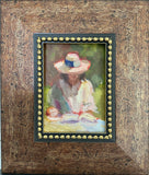 5 x 7 painting of woman outside reading a book SPRING MOMENT