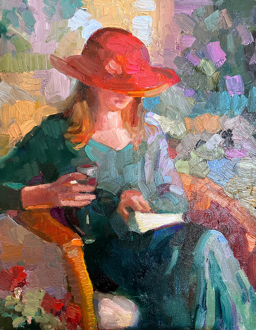Original Oil painting green dress red hat 12 x 16