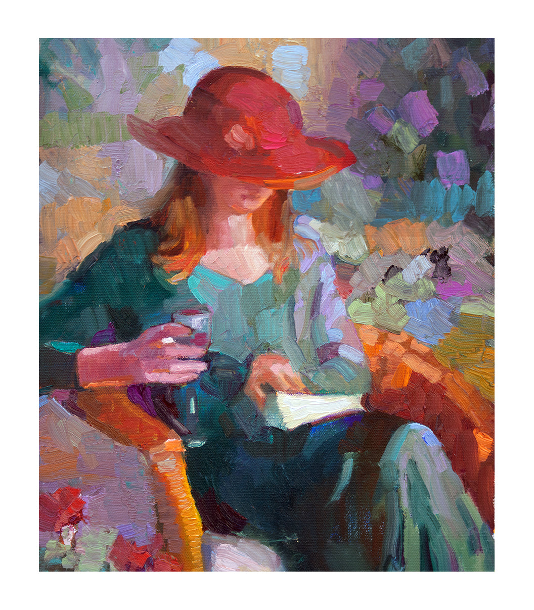Green Dress, Red Hat — Original Impressionist Oil Painting, 12 x 16