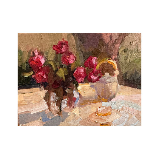 6 x 8 original oil painting TEA AND TULIPS