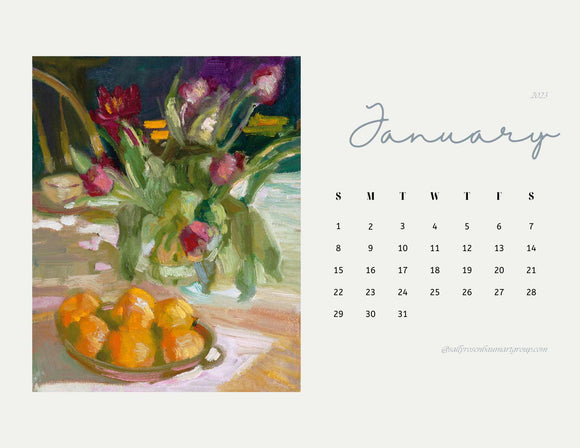 January 2023 Calendar with Print of Oranges and tulips